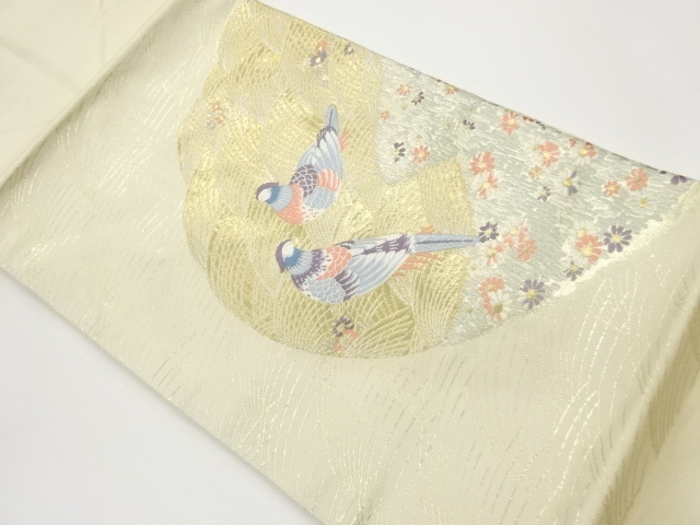 鴛鴦に花・芒模様織出し名古屋帯